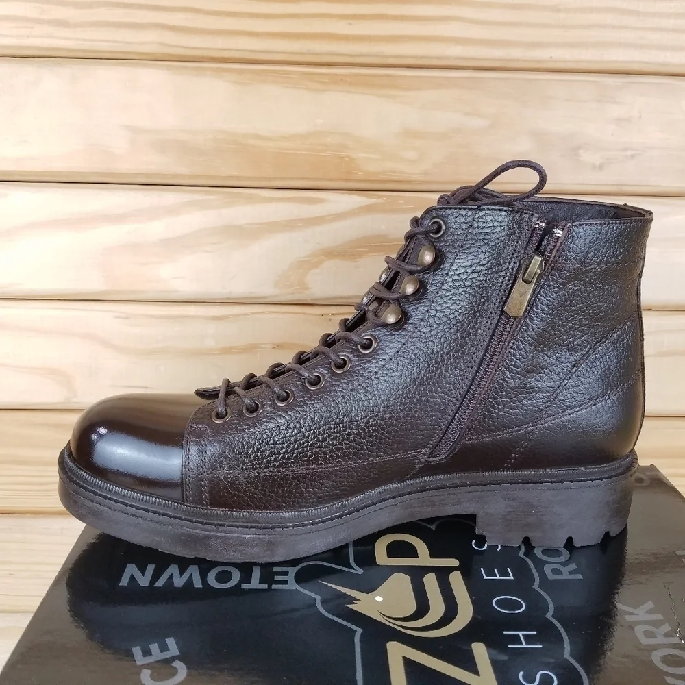 Men's 10 US 100% Genuine Leather Brown Ankle Boots Paul Branco Side Zip Lace-up